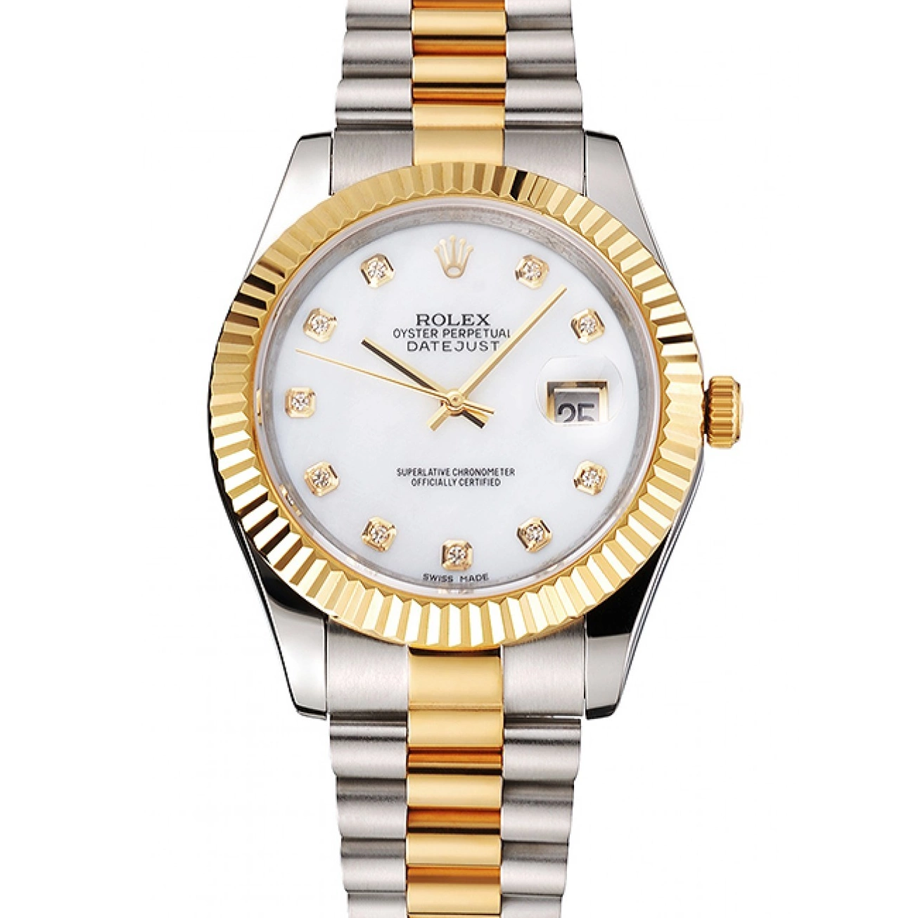 Dial Bracelet White Stainless Two Tone Diamond Bezel Datejust Swiss Gold Marks Case Hour Rolex Steel 0603